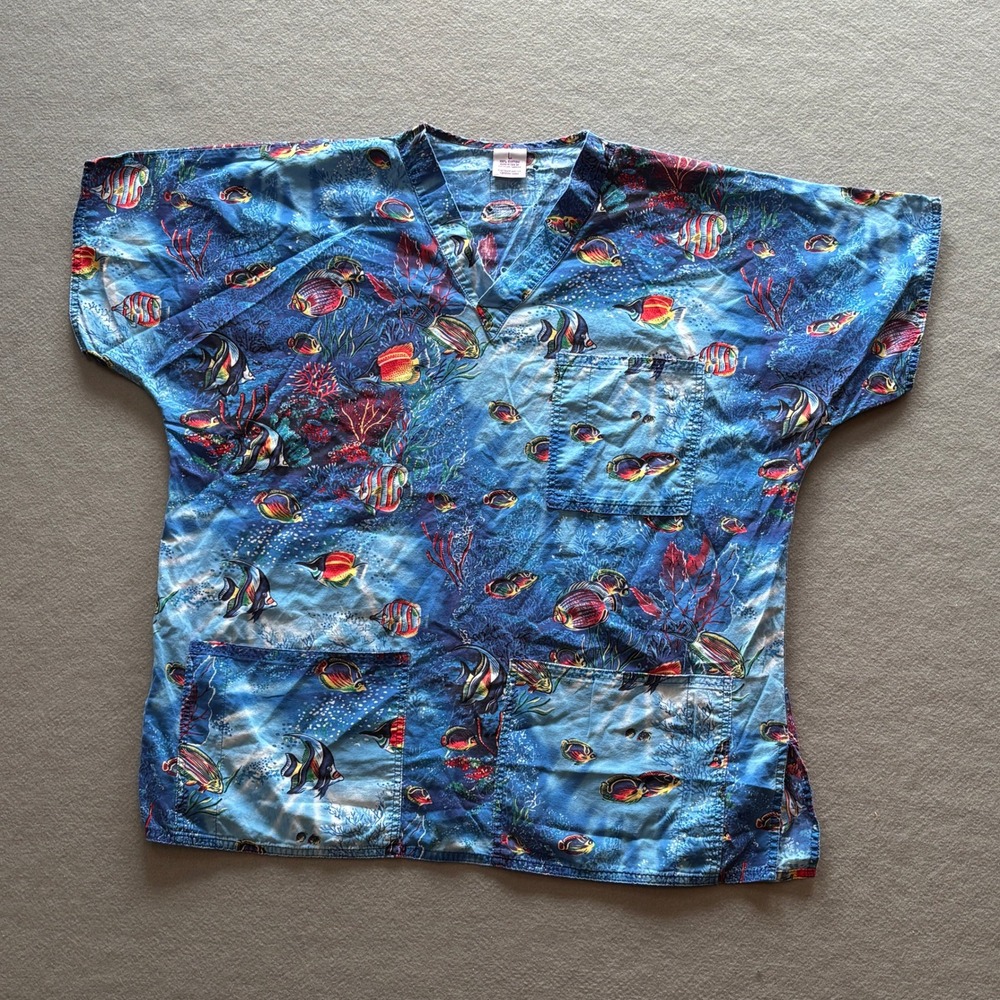 VTG S.C.R.U.B.S. Tropical Fish Coral Reef V-Neck Scrub Top Blue Large Cotton
